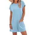 thumbnail image 4 of Women's Romper Short Sleeve Jumpsuit with Pockets Solid Wide Leg Shorts Playsuits Ladies Summer Loose Lightweight Plain Daily Wear for Swim Beach Party Jumpsuits Light Blue M, 4 of 7