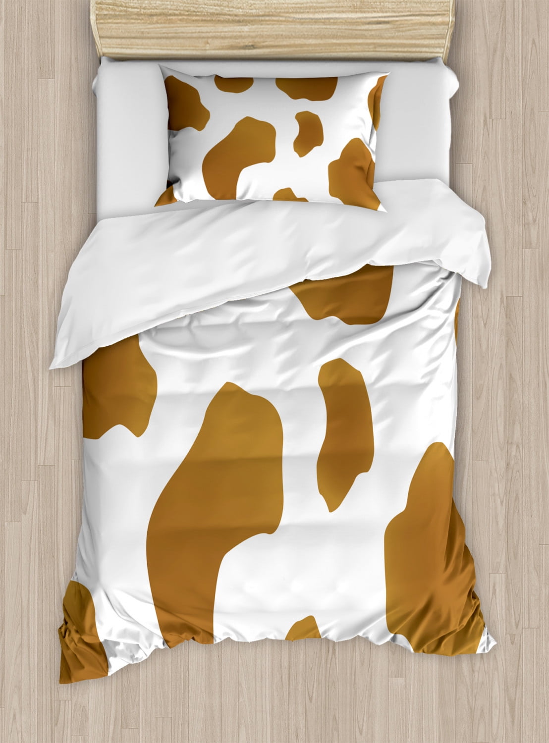 Cow Print Twin Size Duvet Cover Set, Brown Spots on a White Cow Skin