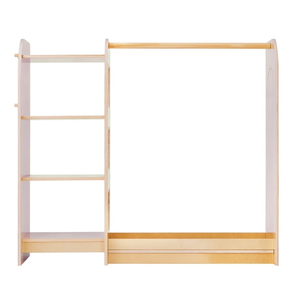 KFFKFF Kids Dress Up Storage with Mirror, Wooden Toddler Wardrobe Closet, Costume Organizer for Little Girls, Playroom Furniture, Bedroom Storage Armoire, Natural Finish