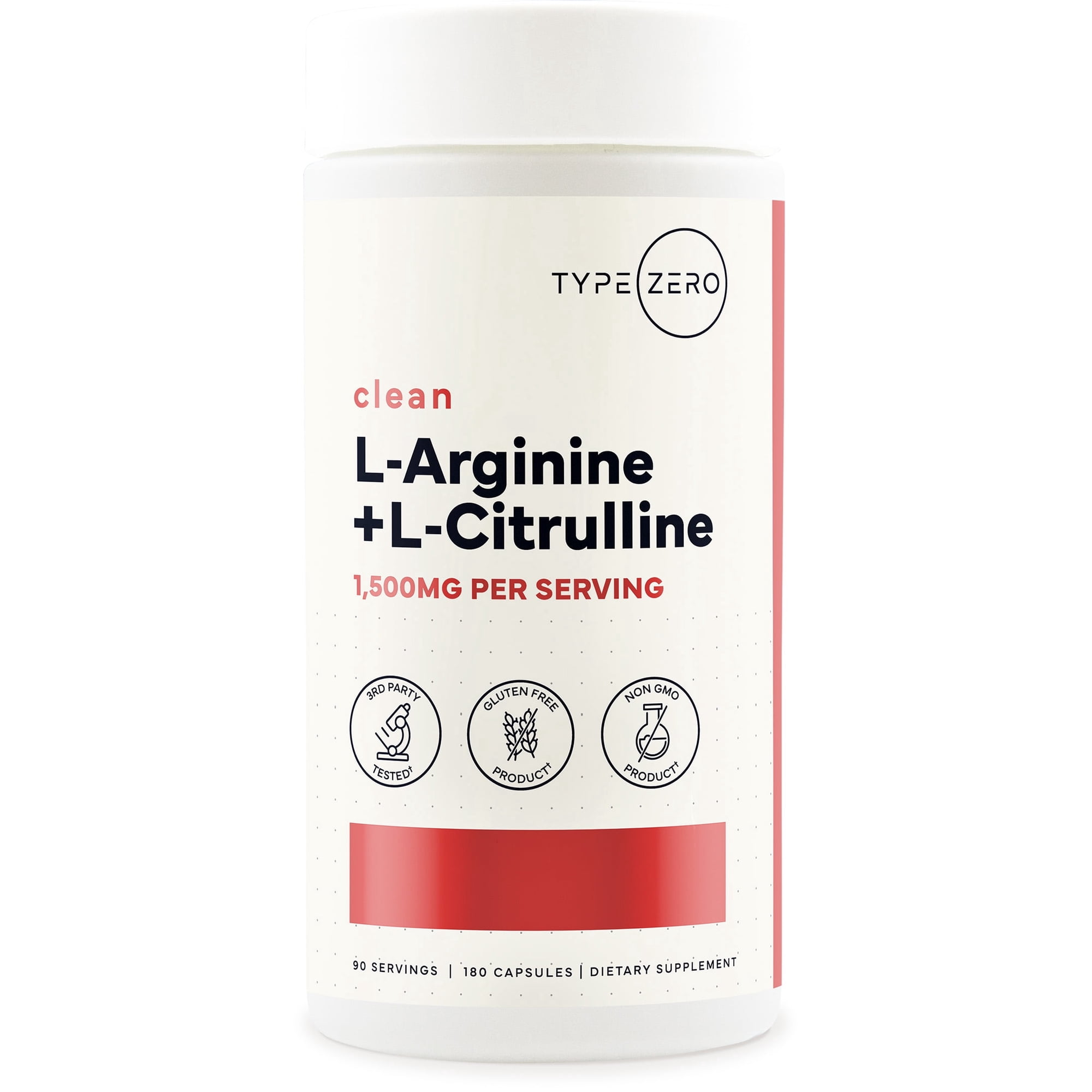 Type Zero L-Arginine + L-Citrulline Supplement (1500mg) 180 Capsules - Clean, Keto-Friendly, GMO-Free, 90 Servings