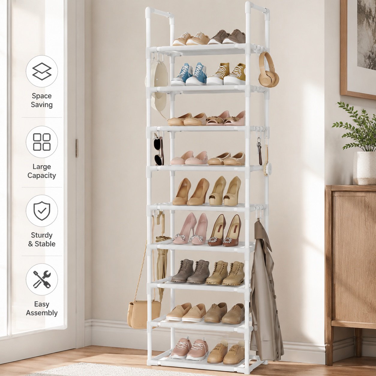 10 Tiers Tall Shoe Rack Holds 20-25 Pairs Sturdy Vertical Organizer with 18 Hooks Stackable Narrow Shoe Storage for Closet Entryway White