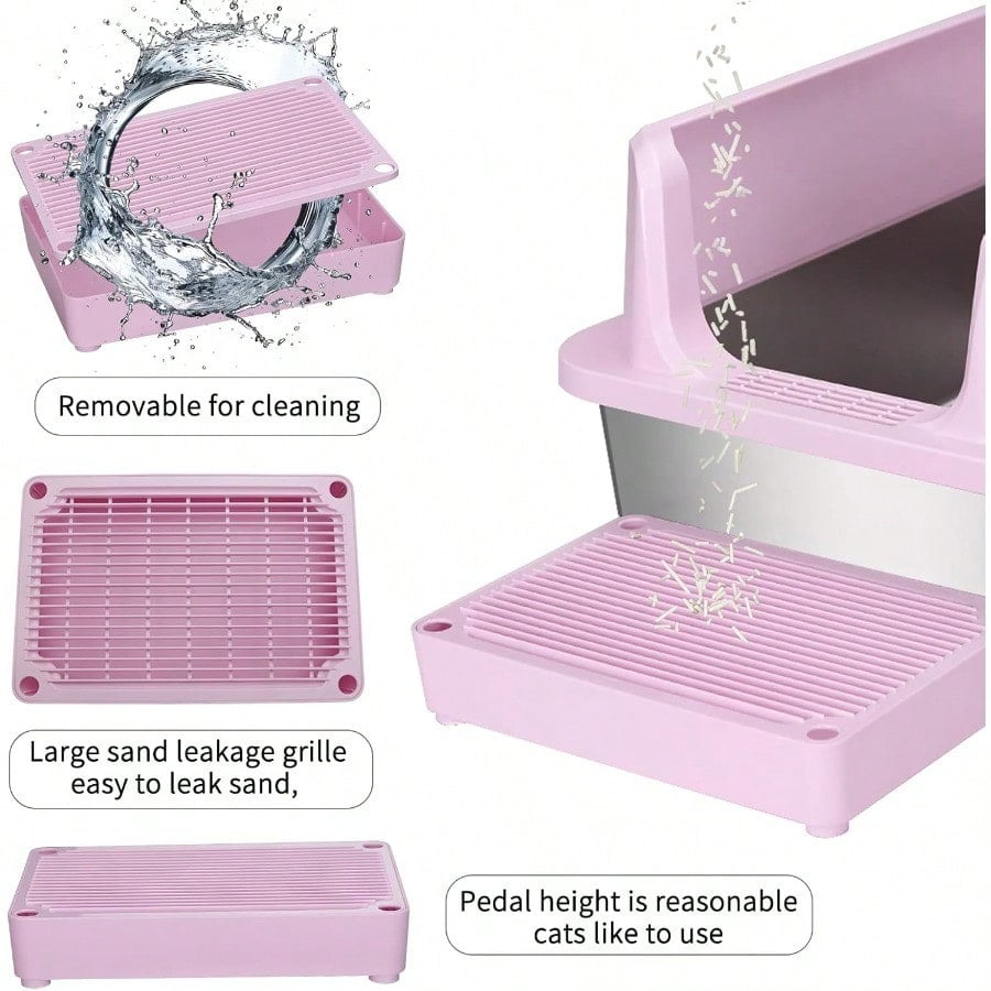 Stainless Steel Cat Litter Box SemiEnclosed Litter Box With Top Holes Large Litter Pan For Small To Large Sized Cats Light Pink 23.8 L16 W12 H
