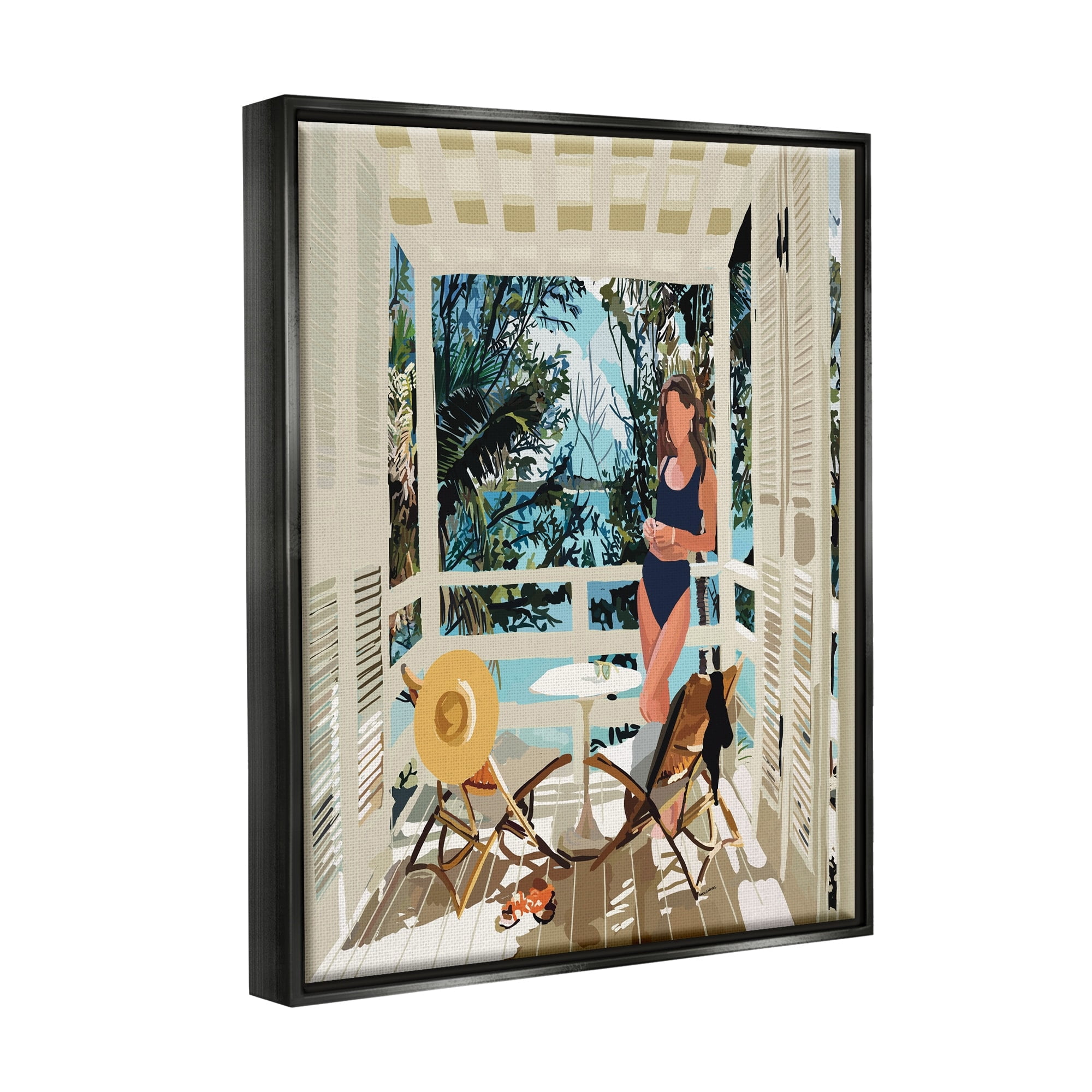 Stupell Industries Woman Coastal Beach Canopy Summer Ocean Scene Graphic Art Jet Black Floating Framed Canvas Print Wall Art, Design by Amelia Noyes