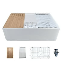 33 inch Fireclay Workstation Farmhouse Kitchen Sink - Apron Front Sink - Contemporary European Design - Grid, Drain Cover & Workstation Accessories