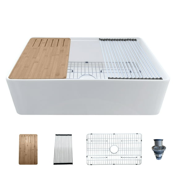 33 inch Fireclay Workstation Farmhouse Kitchen Sink - Apron Front Sink - Contemporary European Design - Grid, Drain Cover & Workstation Accessories
