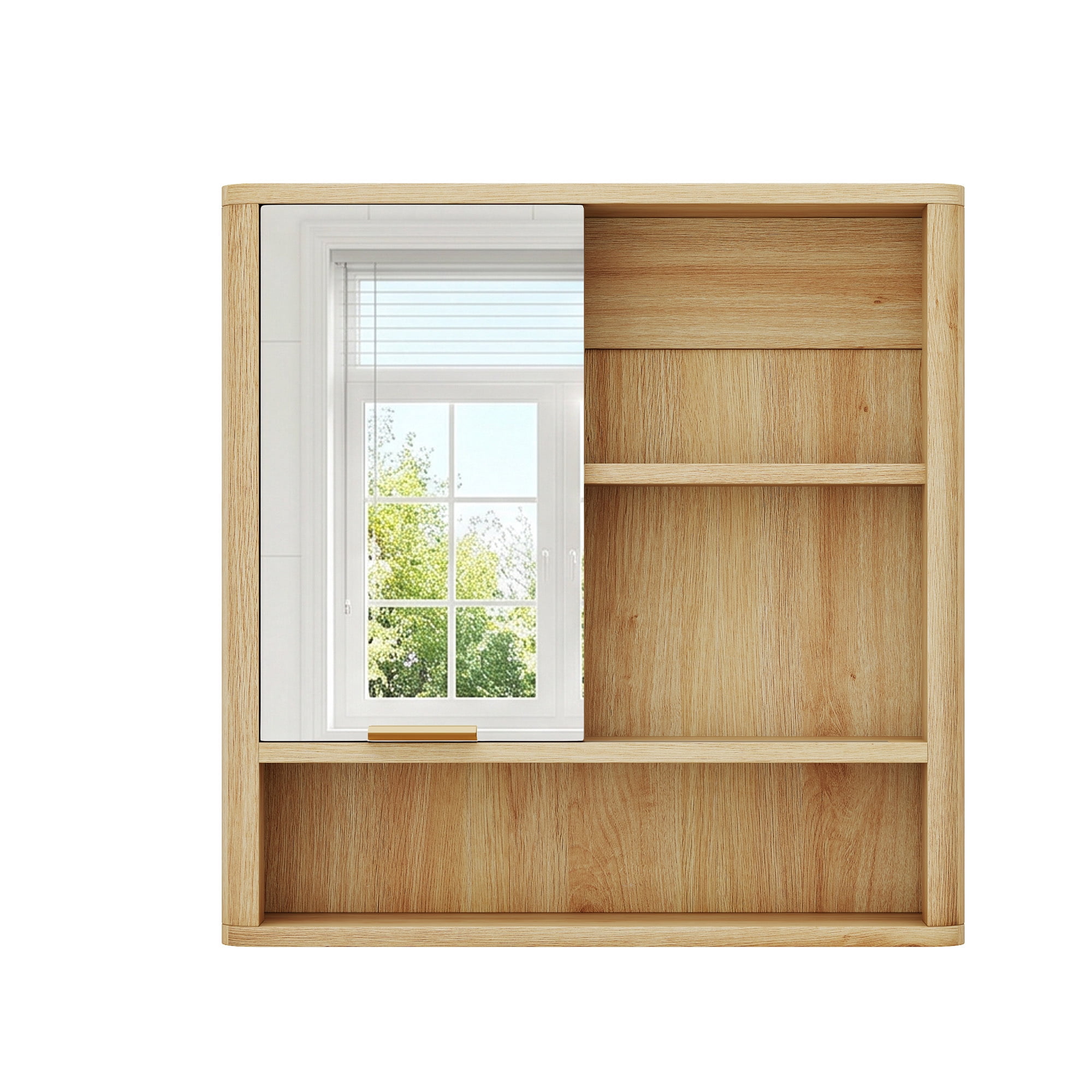 Leumius Wall Mounted Mirror Cabinet,Bathroom Storage Cabinet with Single Door and Open Shelves, Multipurpose Wall Organizer for Bathroom Vanity Laundry Room Natural
