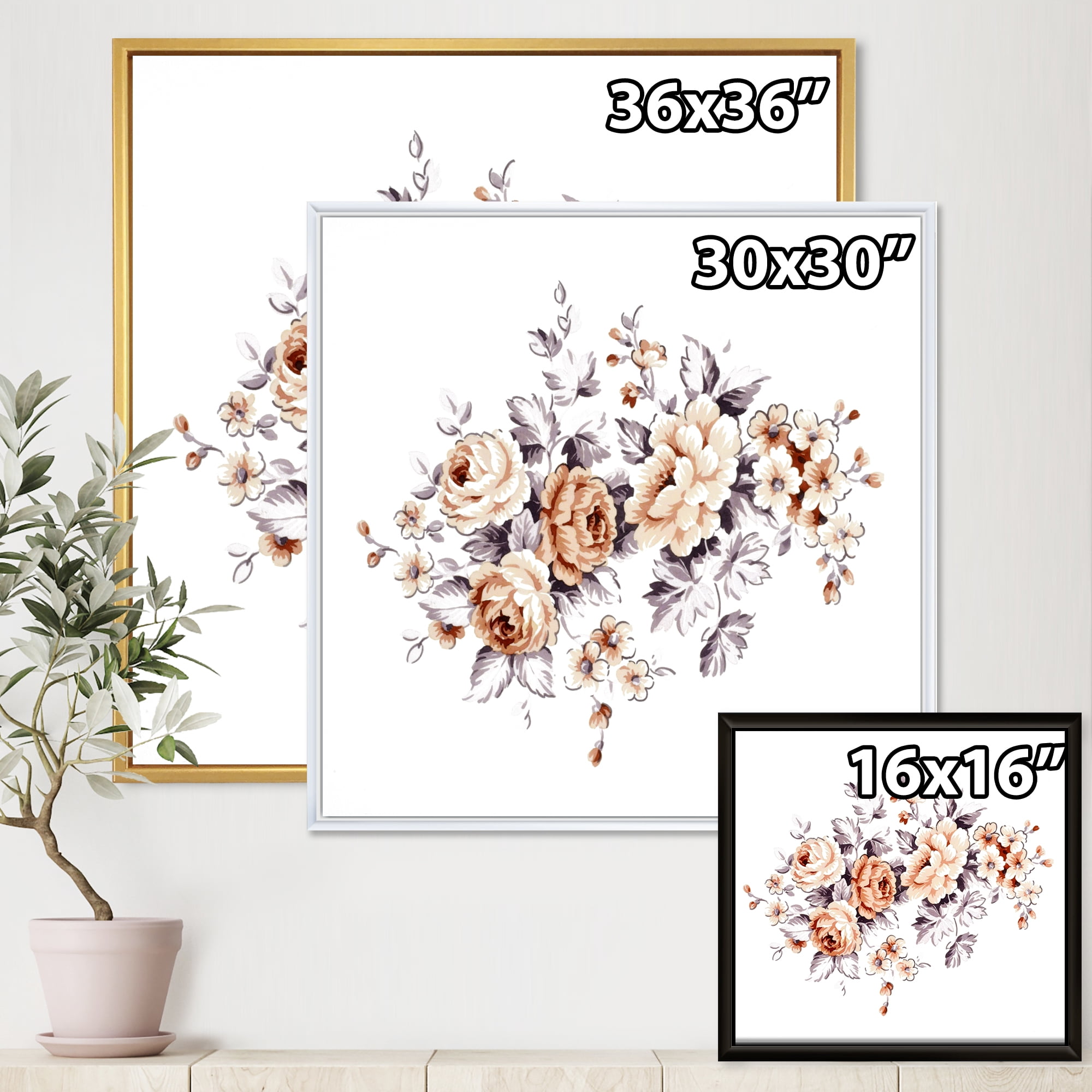 Pink Wild Roses With Monochrome Leaves 36 in x 36 in Framed Painting Canvas Art Print, by Designart