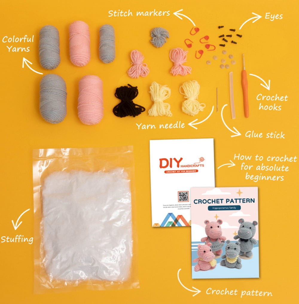 Hippo Family Crochet Kit for Beginners, Amigurumi Starter Set with Yarn, Hooks & Step-by-Step Video Tutorials, TIKA