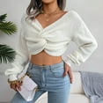 thumbnail image 4 of Arlun Women's Cropped Wrap Sweaters V-Neck Long Sleeve Cross Front Knitted Sweaters Solid Color Casual Loose Fit Knit Basic Pullover Tops White S, 4 of 7