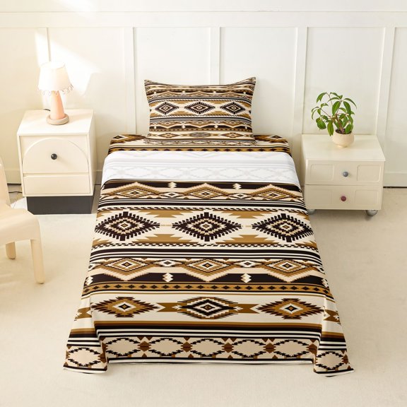 Homewish Aztec Geometric Rhombus Twin Sheets,Vintage Brown Boho Bedding,3 Pieces,1 Fitted Sheet and 1 Pillowcase