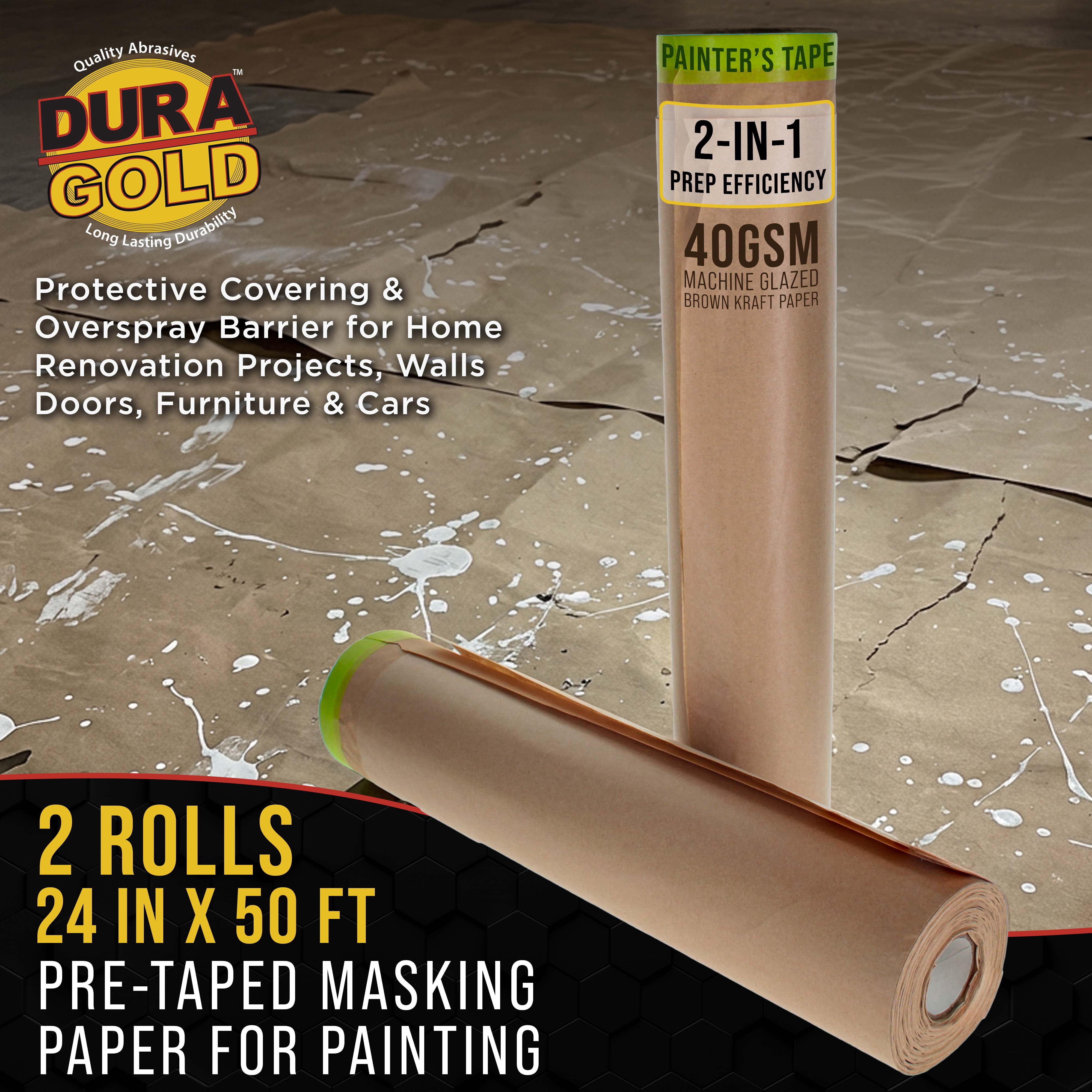 Dura-Gold Pre-Taped Masking Paper for Painting (24" x 50', 2 Rolls) - Tape and Drape Painters Paper, Protective Covering, Overspray Barrier for Home Renovation Projects, Walls Doors, Furniture, Cars
