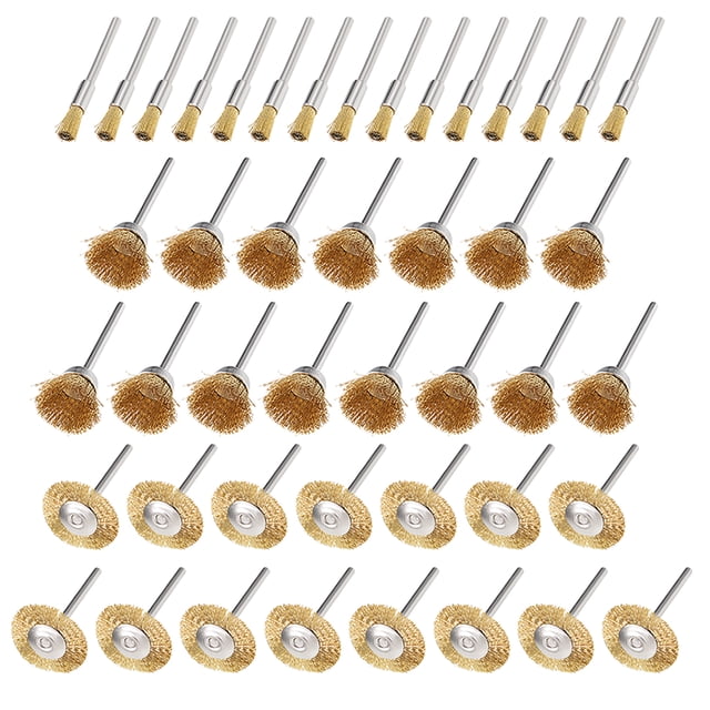 Cepillo de copa de alambre + Rueda de alambre + Cepillo de alambre, acero trenzado chapado en cobre con vástago de 1/8 pulgadas 45 piezas