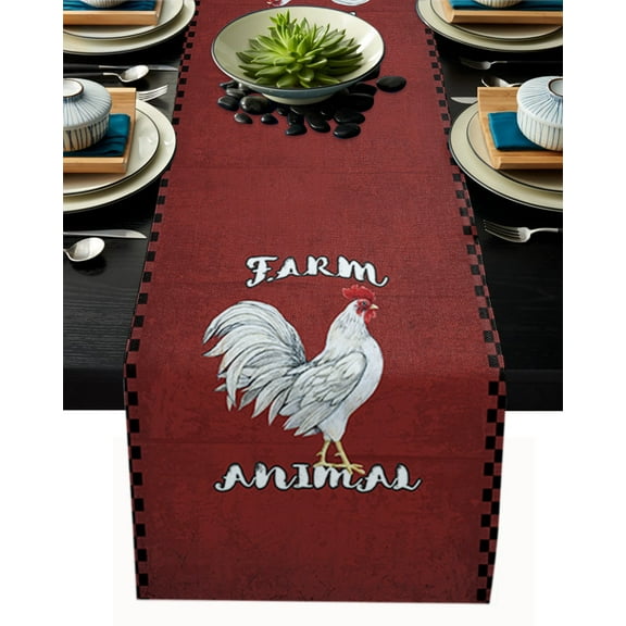 Table Runner Dresser Scarves 90 Inch Long, White Farm Rooster Animal Linen Dining Table Runners Red Rustic Wood Plank Tabletop Scarf for Wedding Holiday Party Kitchen