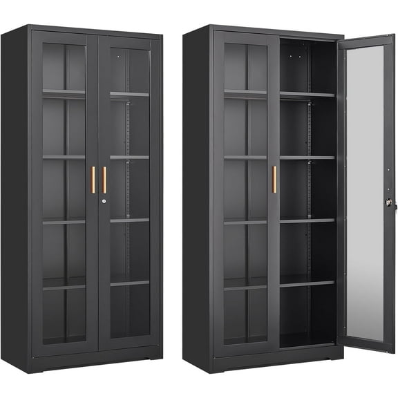 71" Glass Display Cabinet with Lock,Curio Cabinet with Glass Doors, Metal Display Case with 4 Adjustable Shelves, Black Bookcase Locking Storage Cabinets for Living Room, Kitchen，
