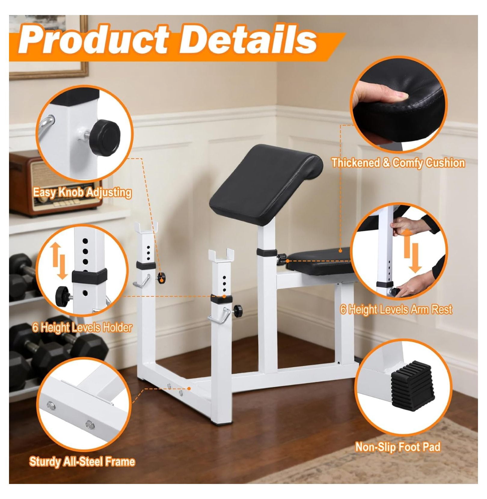 JungleA Adjustable Arm Preacher Curl Machine,Bicep Tricep Muscle Strength Training Weight w/Rack,Seated Arm Isolated Rack and Dumbbell Station for Home Gym Workout, Lbs Capacity