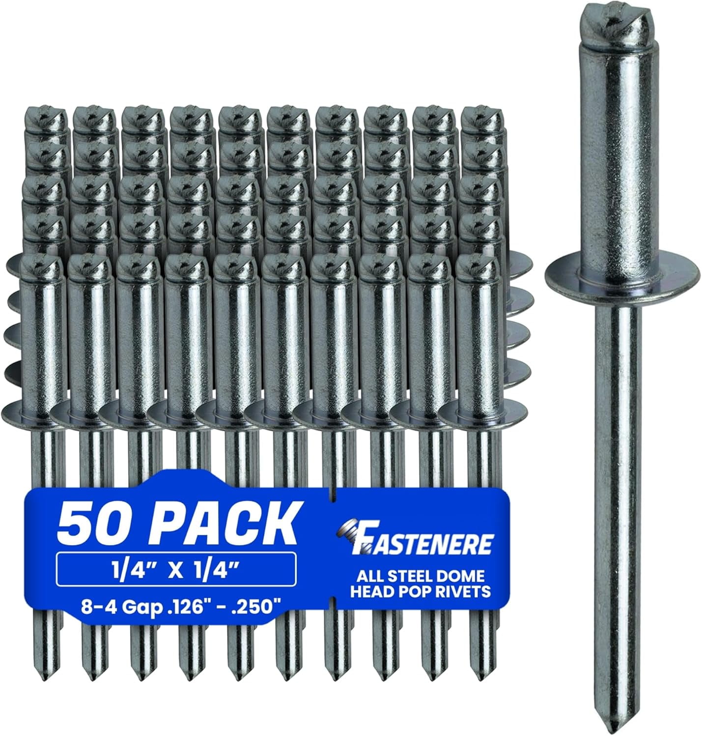 Fastenere Large Flange Pop Rivets 3/16 X 1 Inch - 50 Pack Aluminum Body Steel Mandrel Blind Rivets
