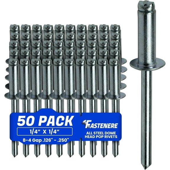 Fastenere Pop Rivets - 1/4" x 1/4" (50 pcs) Heavy Duty, Open-End, Low Carbon Steel, Dome-Head Blind Rivets, Corrosion-Resistant & High Shear Strength, 8-4 Gap 0.126"-0.250"