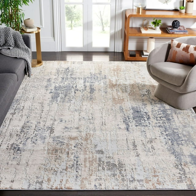 SAFAVIEH Reflection Baldric Traditional Area Rug with a textured abstract floral pattern in beige, gray, and blue tones, displayed in a bright living room with a gray sofa, knitted throw, gold side table, curved gray armchair with a patterned cushion, and wooden shelving with decor, suitable for enhancing accent rug areas.