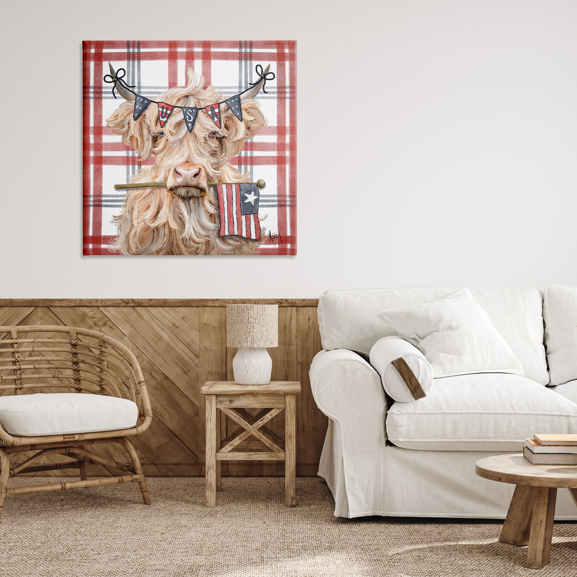 USA Plaid Highland Cattle Canvas Wall Art, design by Ashley Bradley