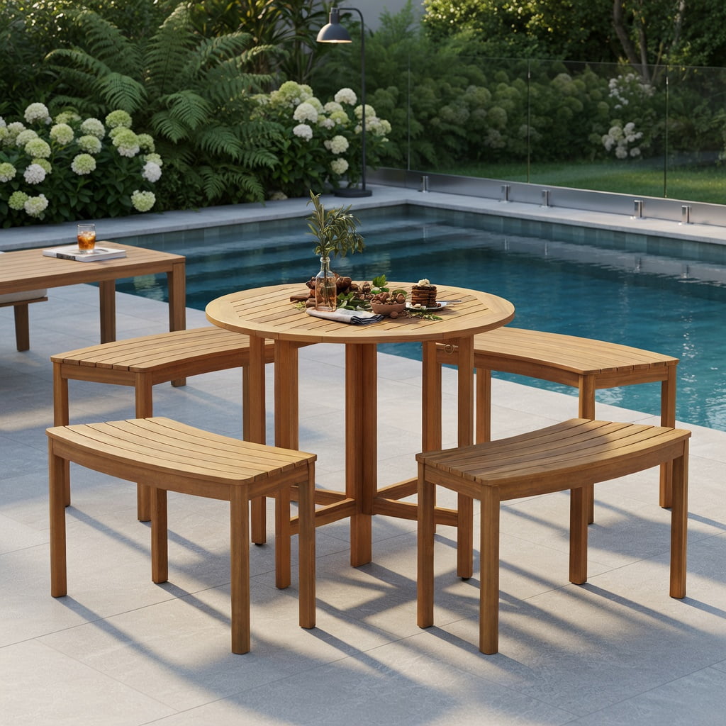 Hommoo Outdoor Acacia Wood Curved Bench Set of 4, Wooden Stools for Porch, Patio, Deck & Fire Pit Seating, Weather-Resistant Backless Garden Benches, Natural