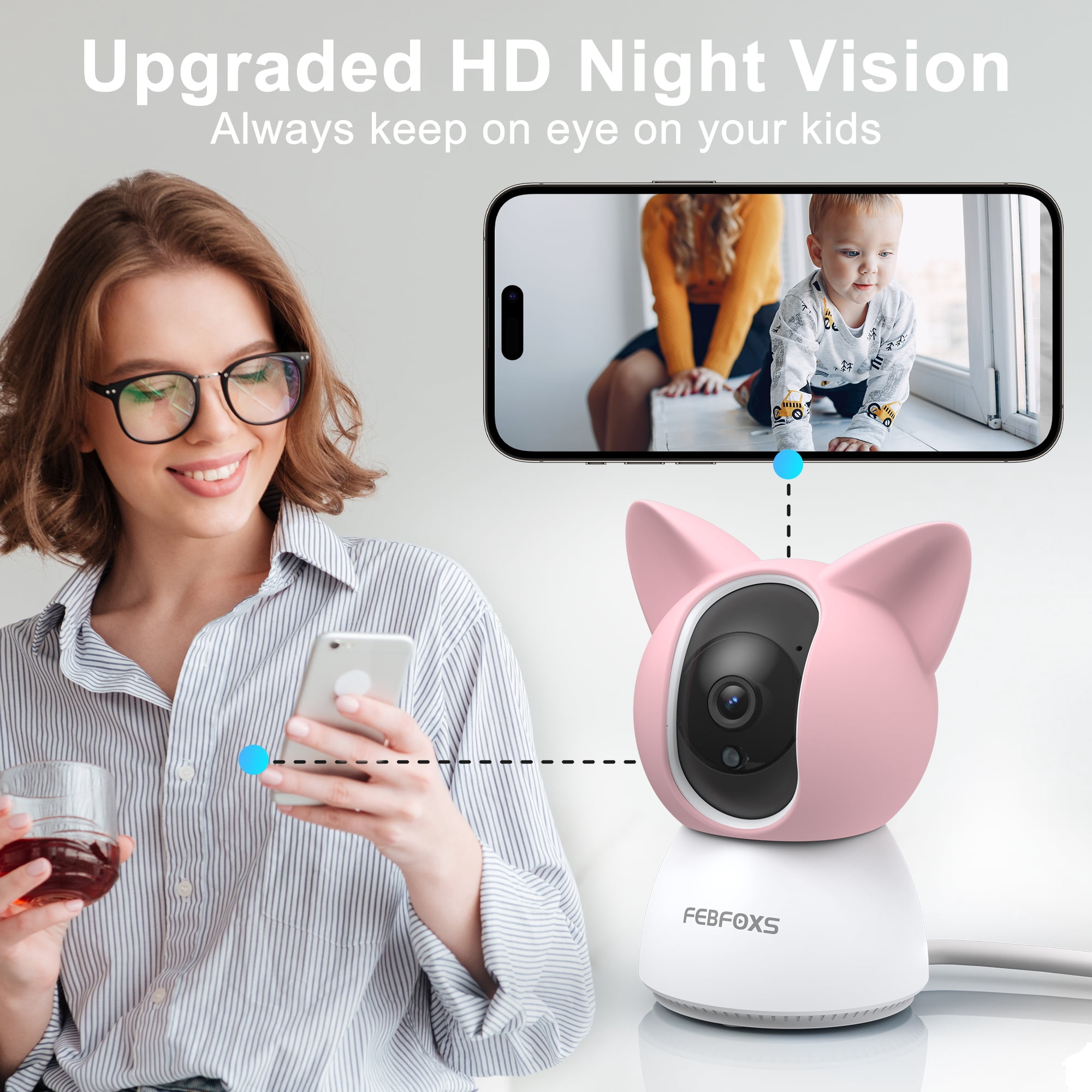 FEBFOXS 2K Baby Monitor, 5G/2.4G Wifi Indoor Security Camera, 360°Pan/Tilt Baby Monitor with Camera and Audio, Night Vision, 2-Way Audio