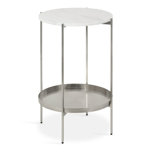 Kate and Laurel Table d'Appoint Somptueuse en Marbre, 17 x 17 x 26, Blanche et Argentée, Table de Chevet Moderne Ronde avec Base en Métal pour une Utilisation comme Table de Chevet de Chambre à Coucher Ou Accent de Salon