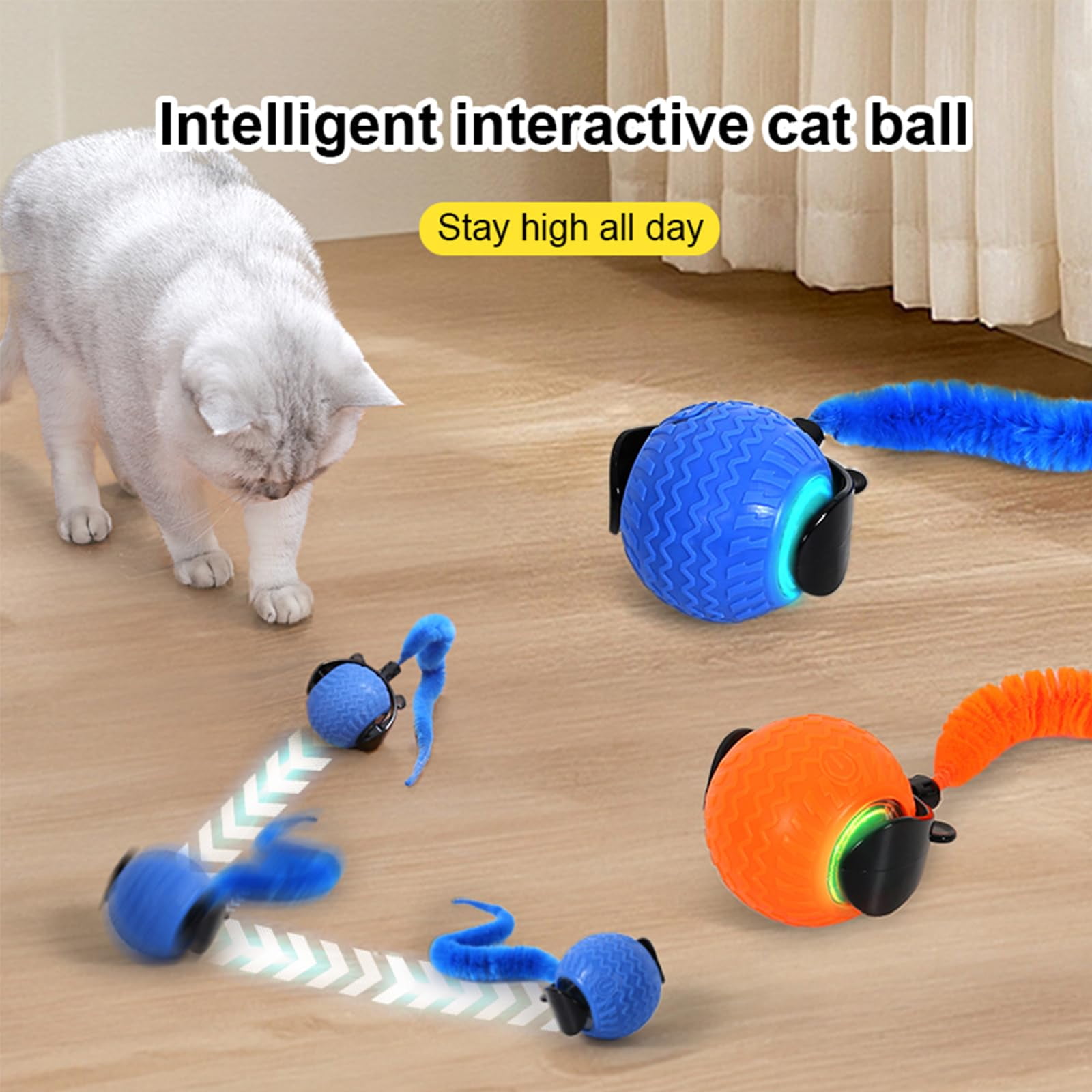 Interactive Cat Ball Toy, 2025 New Cats Ball Toys with Cord Imitation Mouse, Smart Self Rolling Pet Toys for Bored Indoor Adult Cats, Automatic Moving Peppy Pet Balls
