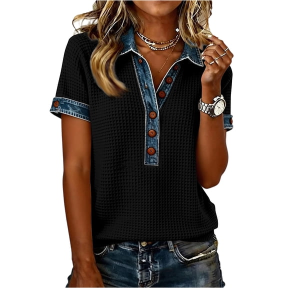 Shirts for Women Trendy Short Sleeve Button Up Collared Shirt with Denim Collar Waffle Knit Patchwork Polo Shirts, XL