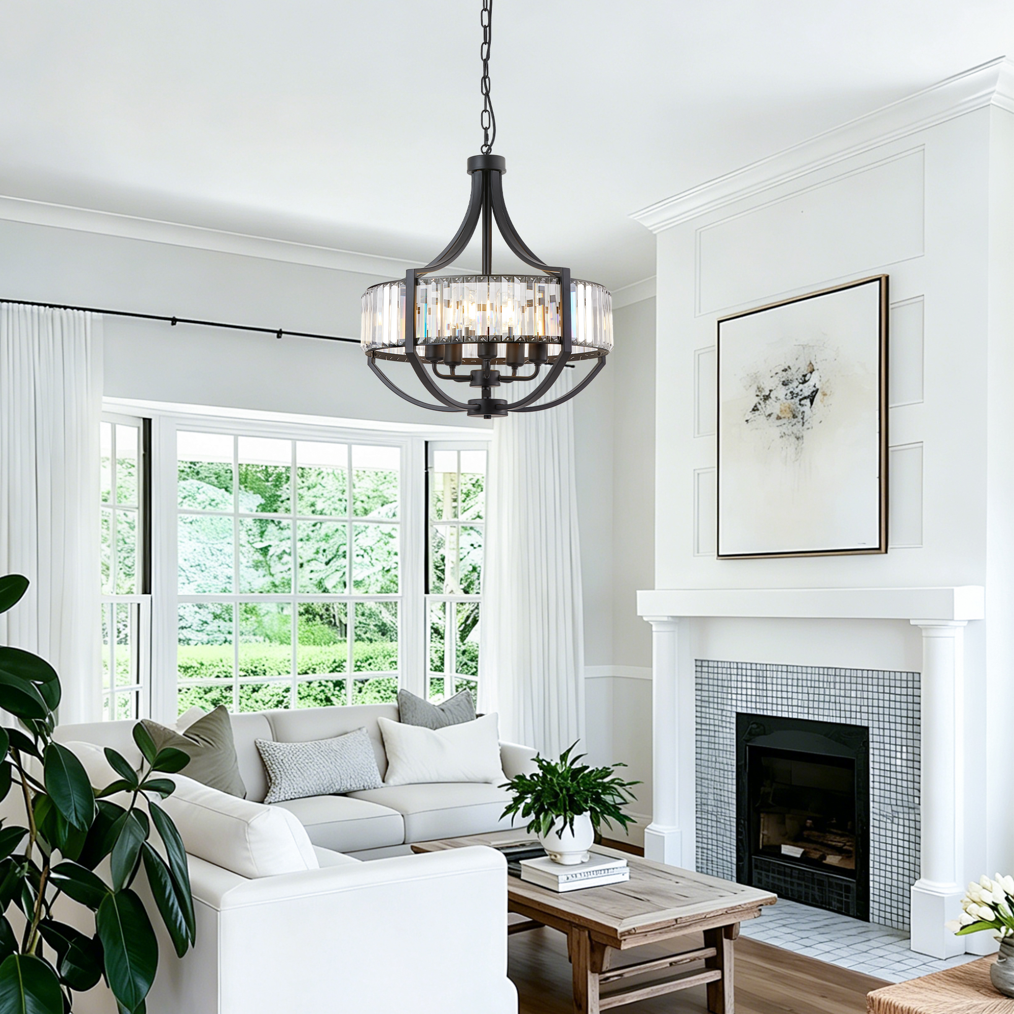 Leumius Modern Farmhouse Crystal Chandeliers, 5-Light Black Antique Pendant Chandelier, Contemporary Hanging Light Fixture for Living Room Bedroom Foyer Kitchen Island Entryway