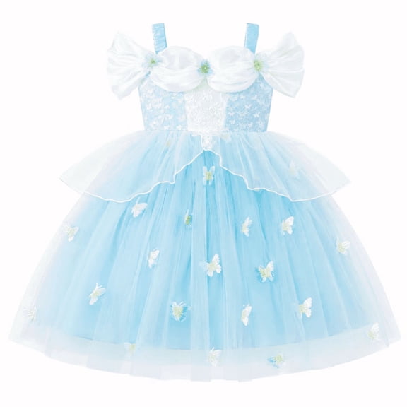 CZKHPTY Girls Blue Butterfly Tulle Dress, Sleeveless Party Dress with Bow Detail and Layered Mesh Skirt for Birthday Wedding Photo Shoot
