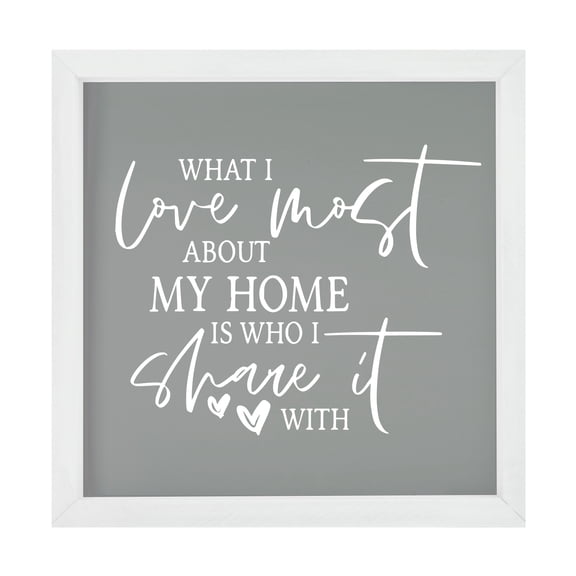 LifeSong Milestones 7x7 Modern Inspirational Framed Shadow Box for Wall Decoration - What I Love Most About My Home (Heart) (Ivory)