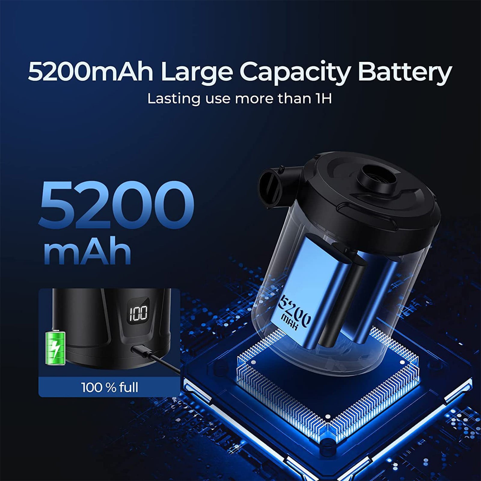 COM1950s Portable Electric Air Pump,Rechargeable Inflator Deflator for Tires Mattress Pool Toys,Compact Camping Pump with 5200Mah Battery,Fast Inflation 280L/Min,Car Home Outdoor Use
