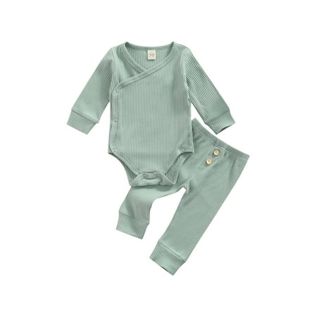

Toddler Newborn Baby Solid Autumn Outfits Infant Boys Girls Knitted Button Long Sleeve Bodysuits+Pants Set