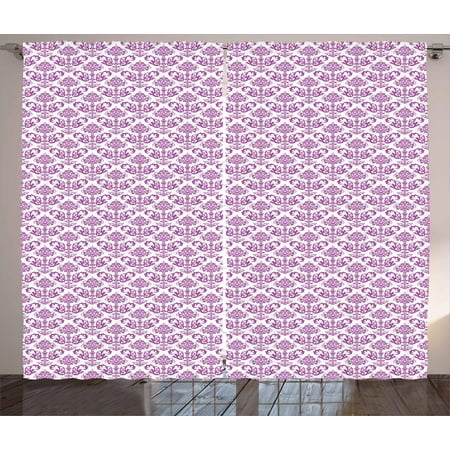 Purple Curtains 108 Inch Drop Damask Curtains 2 Panels Set, Damask Style Continuous Pattern with Stylized Intermingled Curvy Leaves Stems, Window Drapes for Living Room Bedroom, 108W X 108L Inches, Purple White, by Ambesonne ()
