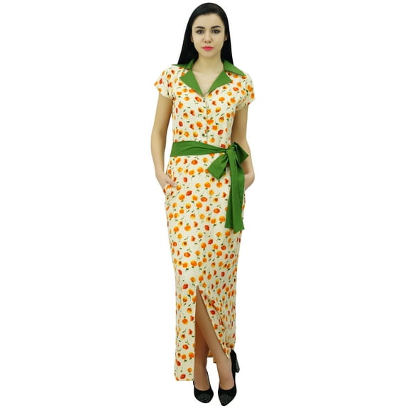Bimba Women's Long Printed Robe Dress With Collar Full Length Casual Maxi Dress