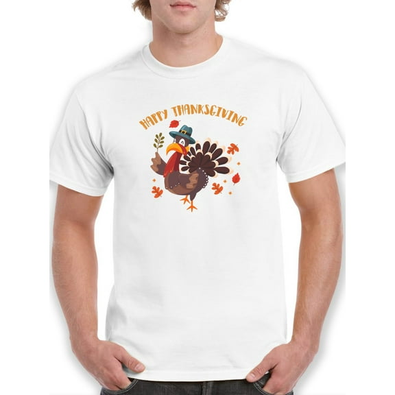 Cute Turkey Autumn Leaves Around "Happy Thanksgiving" Quote Men White T-Shirt, Male Small