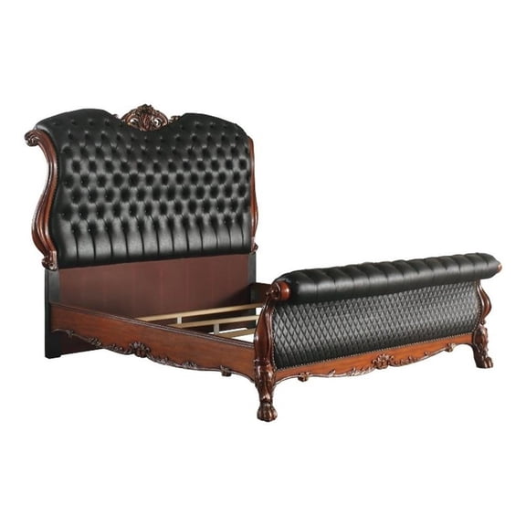 Benjara Sleigh Rolled Design Leatherette Queen Size Bed with Claw Legs- Black