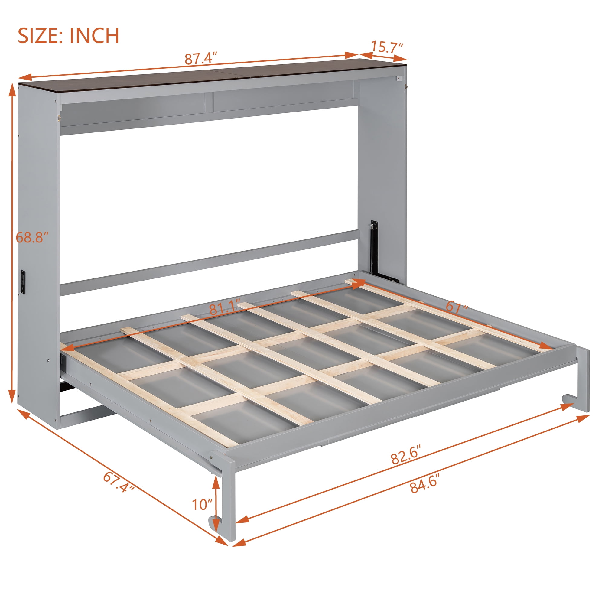 Mintazer Farmhouse Full Murphy Wall Bed with Barn Door & Charge Station, Folding Cabinet Bed for Home Office, Gray