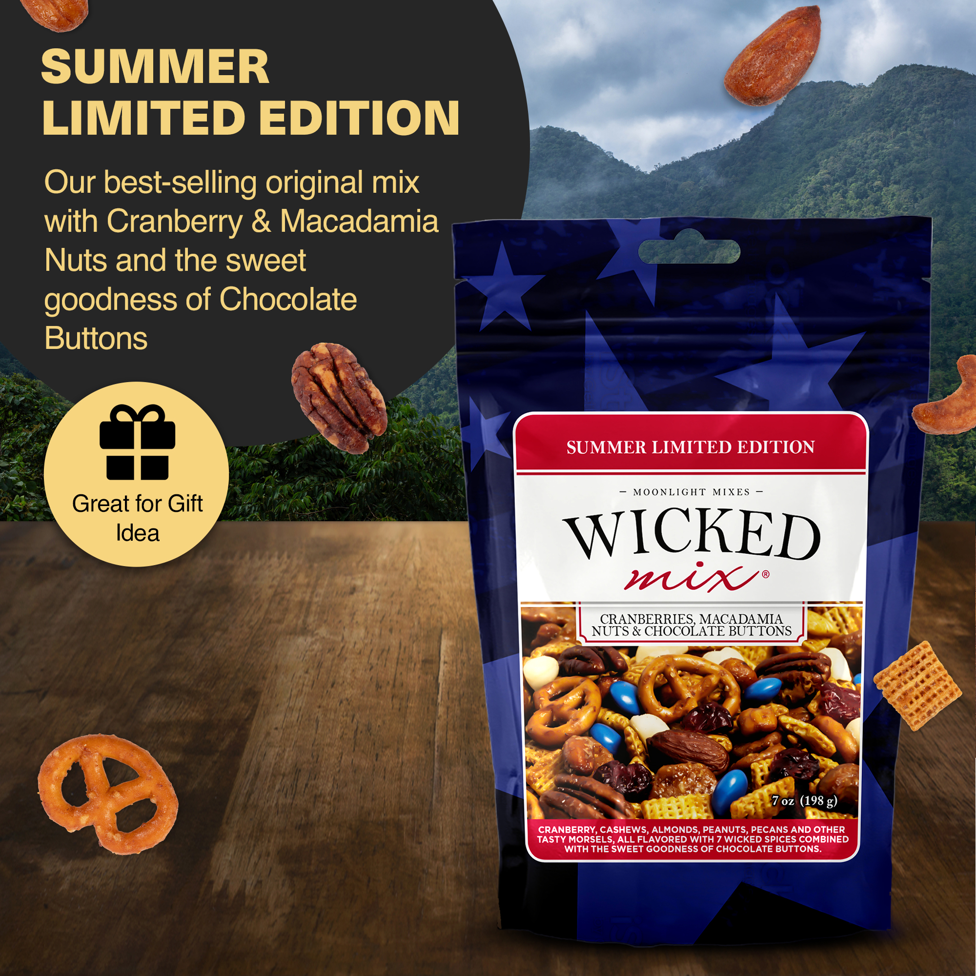 Wicked Mix Summer Edition Snack Mix with Cranberries, Macadamia Nuts & Chocolate Buttons, 7oz (Pack of 3)