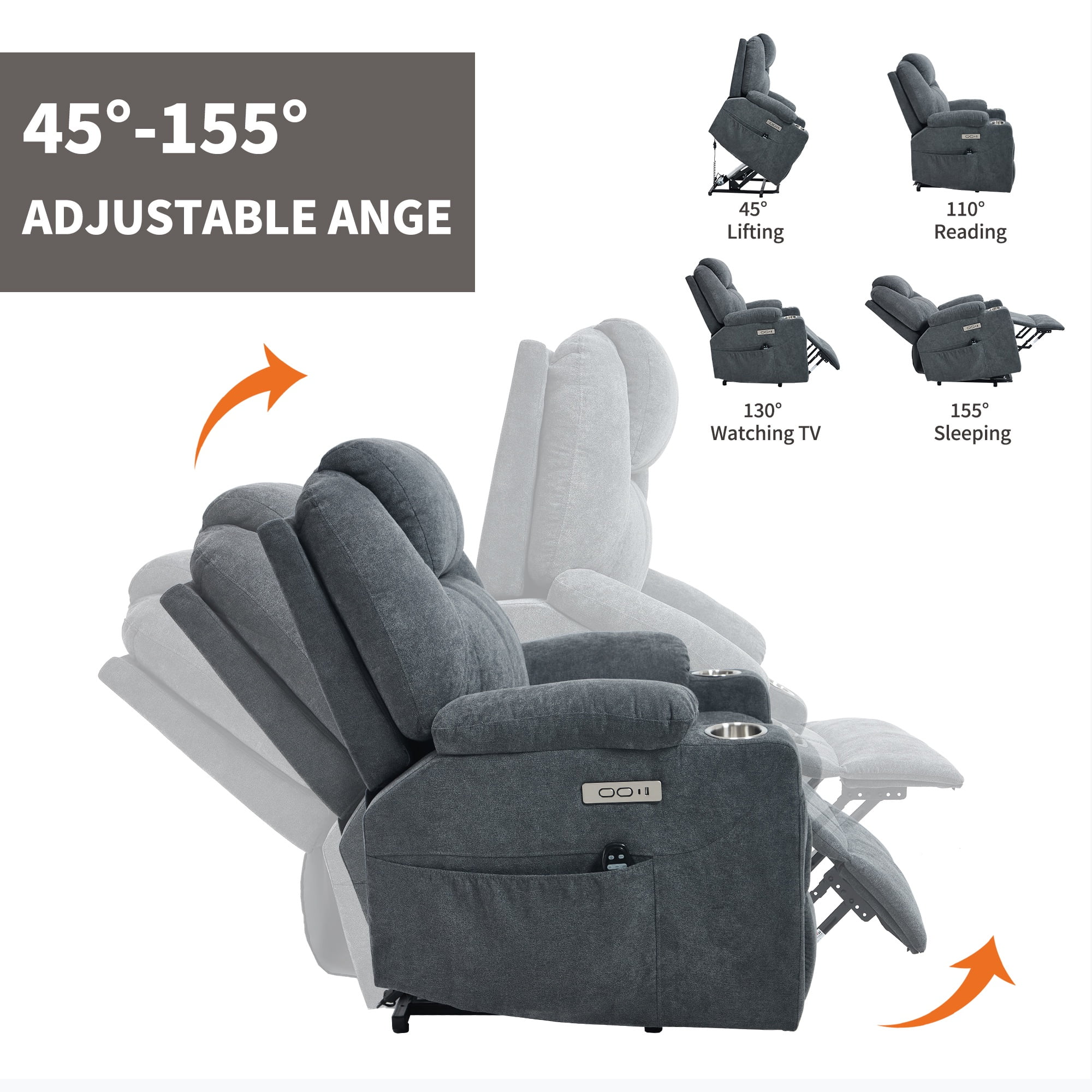 Chenille Power Lift Recliner Chair for Seniors, Heavy Duty 350 lbs Capacity with 8-Point Massage & Lumbar Heat, USB Type-A/C Ports, Stainless Steel Cup Holders, Living Room Comfort