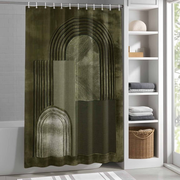 Abstract Art Shower Curtain for Bathroom, Modern Olive Green Textured Relief Geometric Clock Fabric Shower Curtain Set with Hooks, Waterproof Washable Bath Curtain for Bathroom Decor 36"x78"