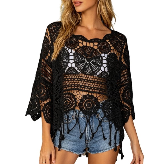 XIYON Womens Crochet Tops Summer Boho 3/4 Sleeve Crewneck Lightweight Hollow Out Knit Top Summer Beach Swimsuit Coverup 2026 Trendy Clothes