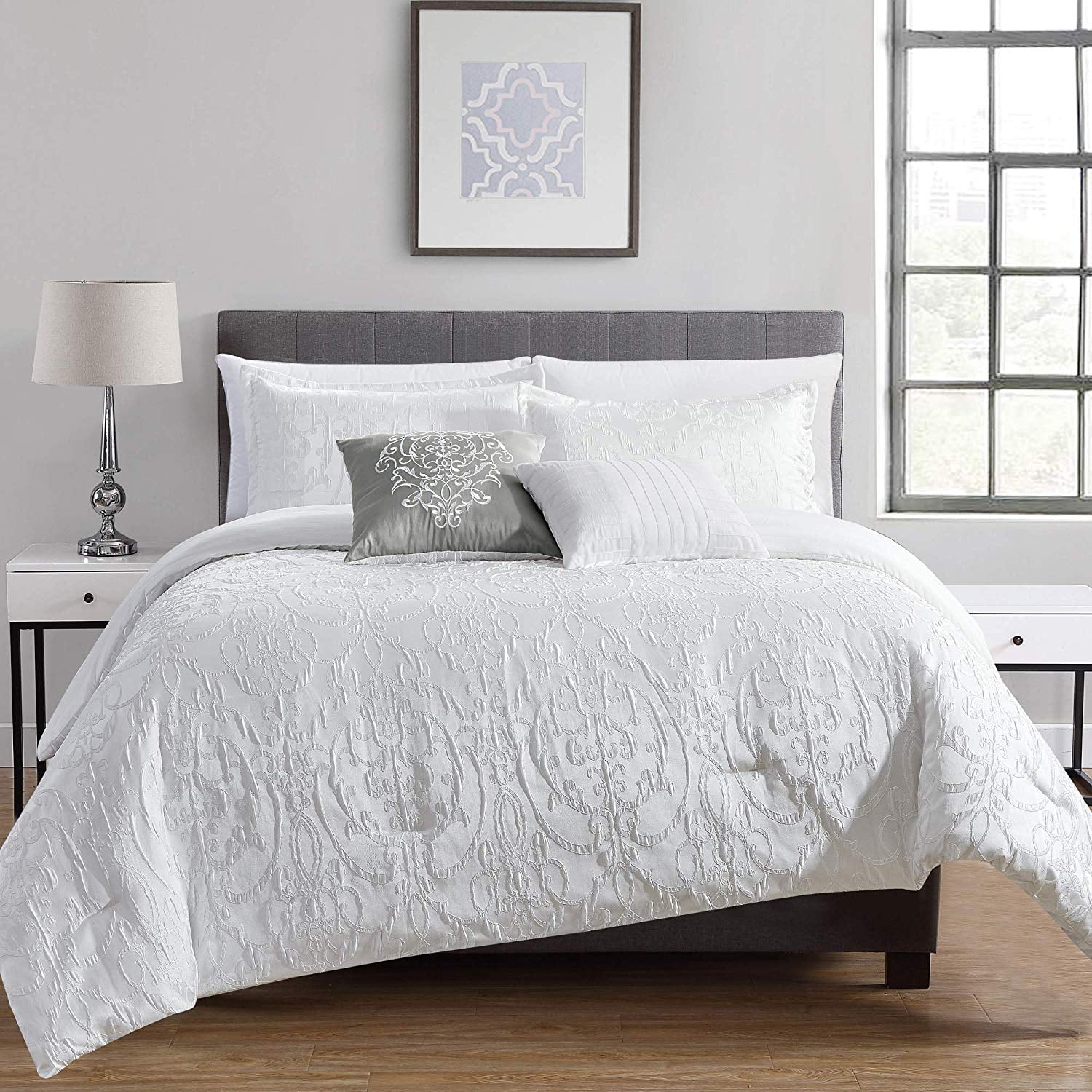 Chezmoi Collection Gloria 5 Piece White Luxury Floral Jacquard