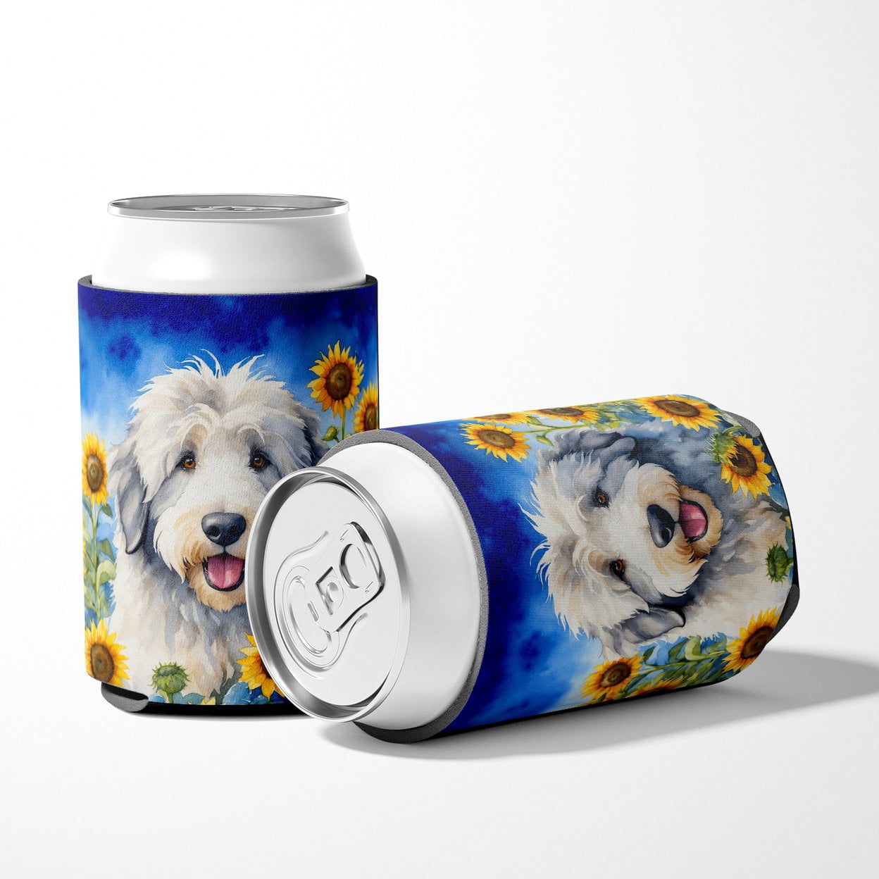 Old English Sheepdog in Sunflowers Can or Bottle Hugger 3 in x 5 in