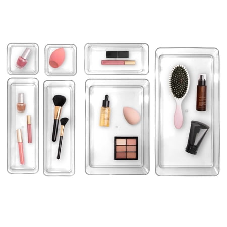 Isaac Jacobs Clear Stackable Drawer Organizer Set  7-Piece – Multi-Size Plastic Storage Bins for Kitchen  Bathroom  Vanity  Office  and Home Organization