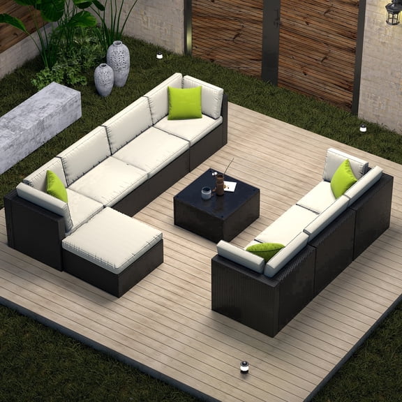 Junkai 9-Piece Outdoor Terrace Furniture Set,Black Rattan Wicker Outdoor Conversation Sectional Sofa Set with Cushions for Backyards and Porches-White