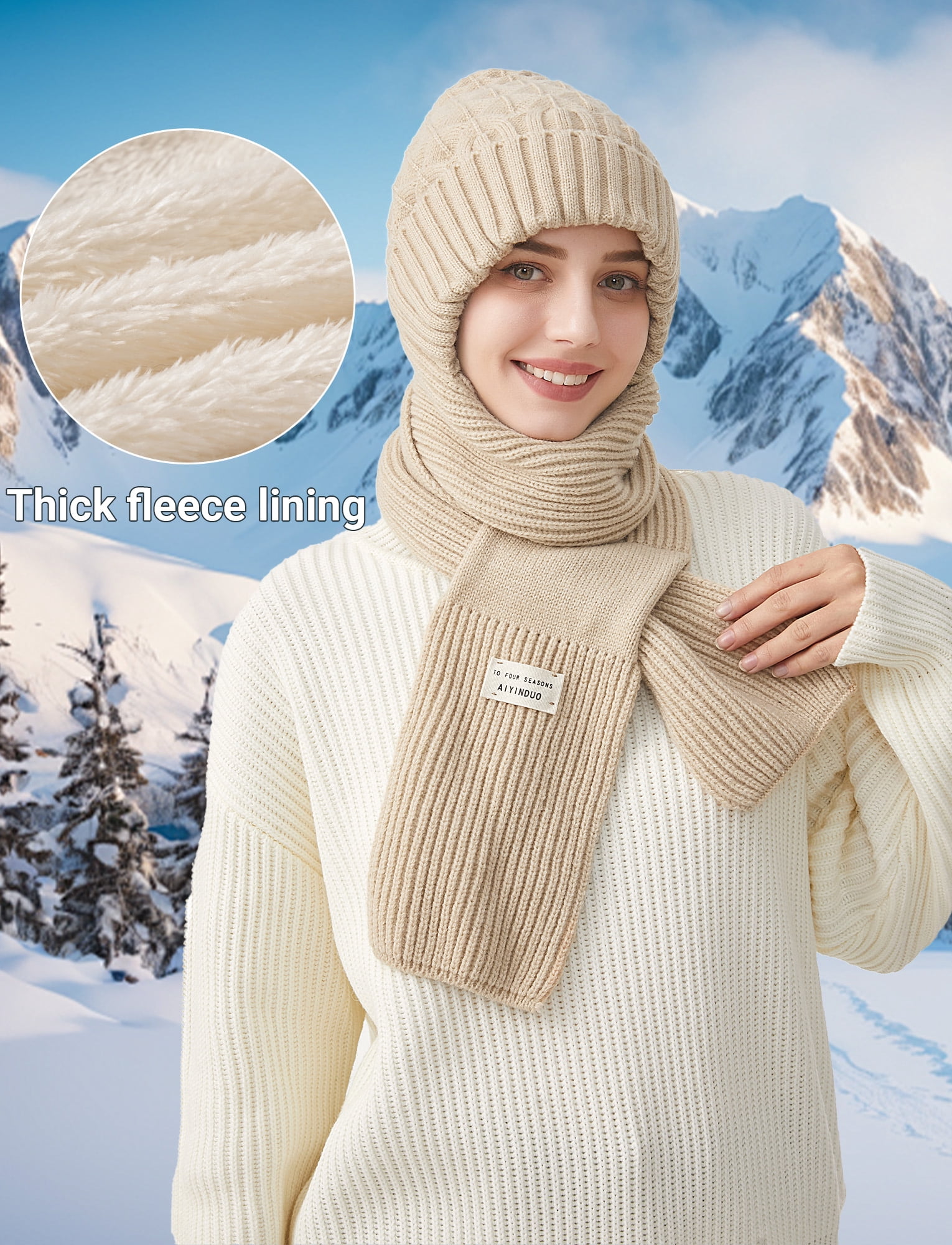 FEOYA Women Integrated Ear Protection Windproof Cap Scarf Winter Beanie Hats Scarf One-Piece Fleece Balaclava Hood Scarf Hat Warm Knitted Ski Scarf Hat Beige