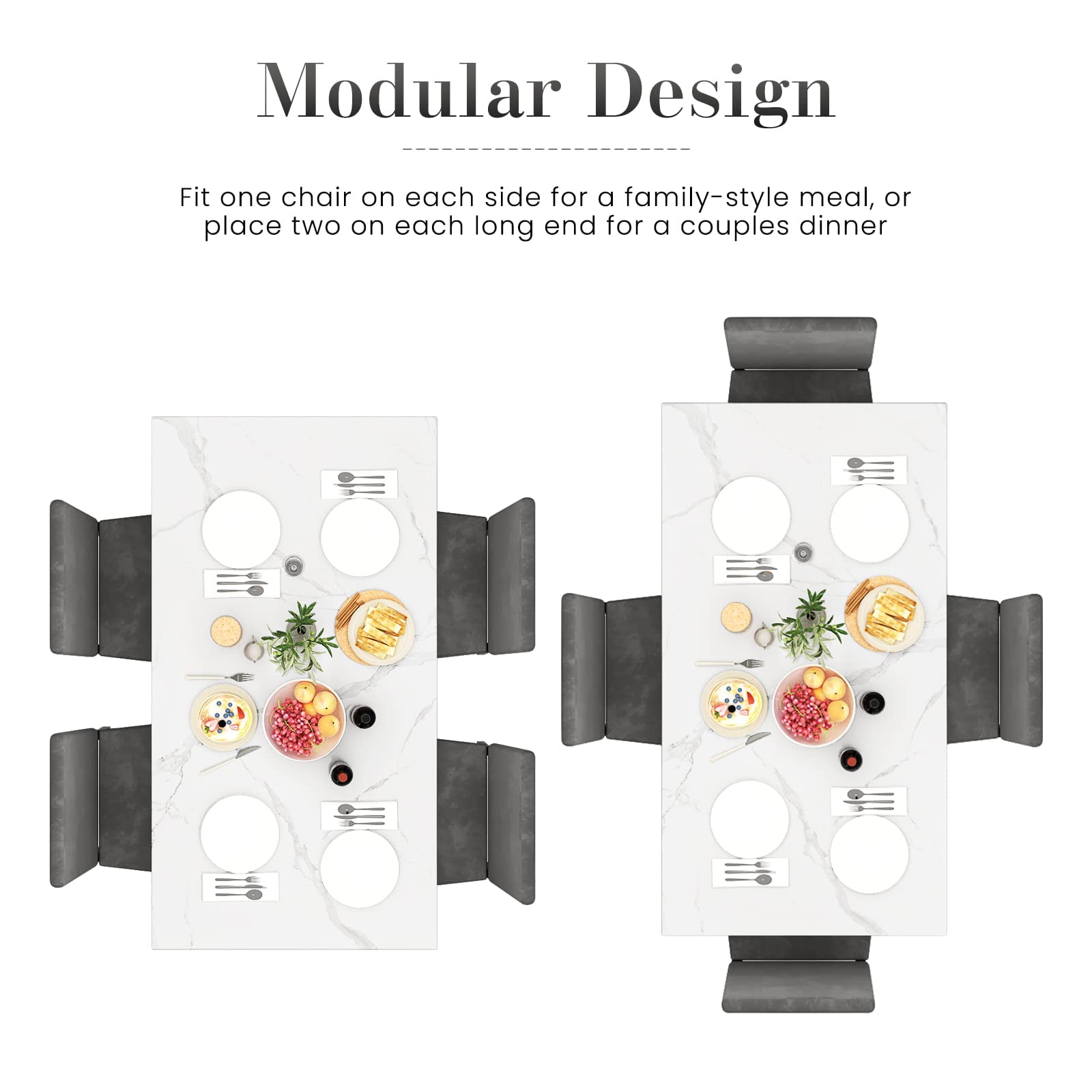 AWQM Dining Table Set for 4, 5-Piece Modern Dining Room Table Set with 4 Velvet Chairs, Marble Kitchen Table and Chairs Set, White+Grey