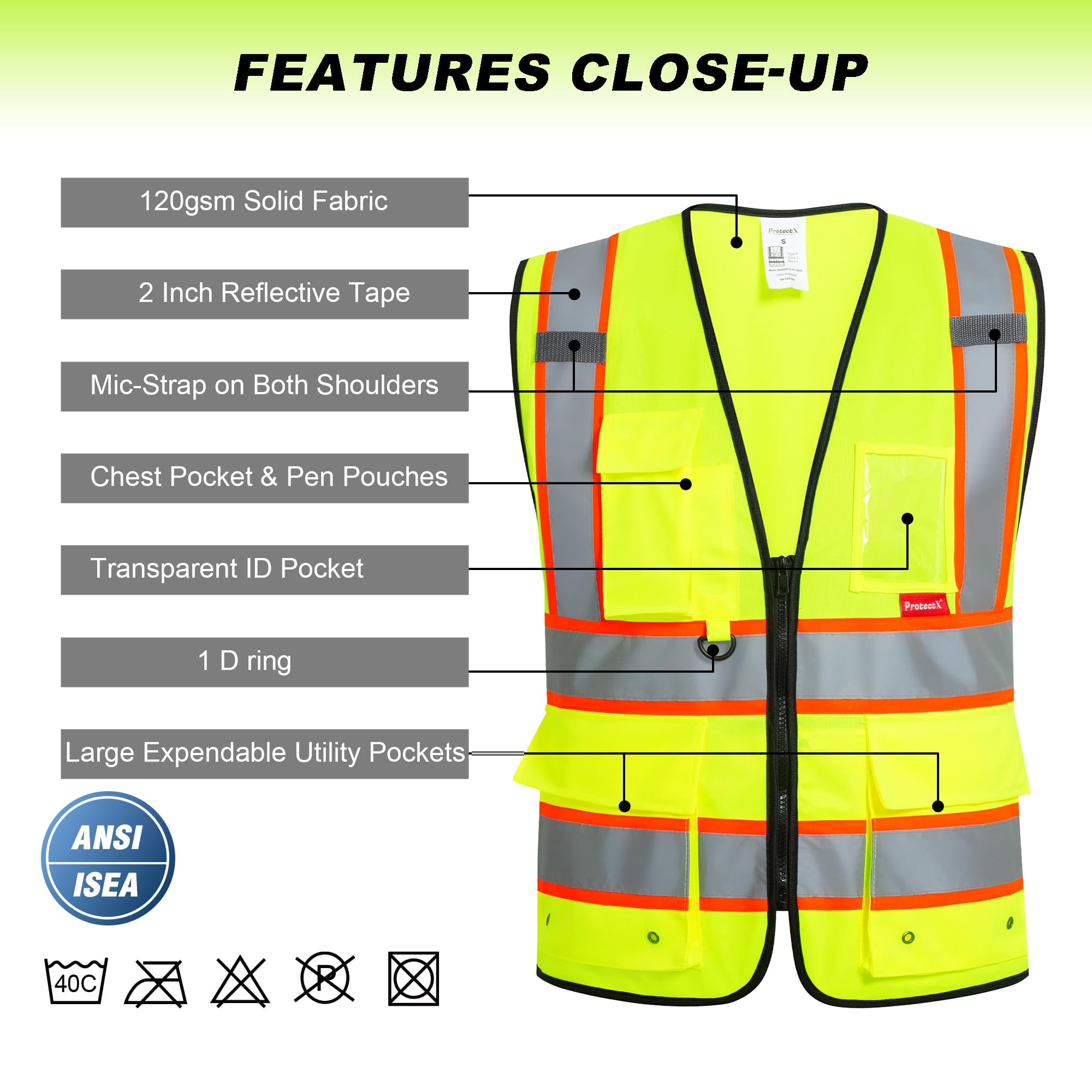 ProtectX Hi Vis Reflective Safety Vest for Men Women High Visibility Construction Work Vest with Pockets Zipper Class 2 Neon Green Large