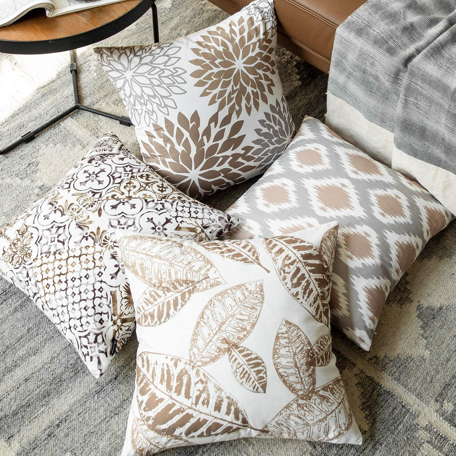 Phantoscope New Living Series Printing Square Cusion for Couch Decorative Throw Pillow, 18" x 18", Brown, 4 Pack